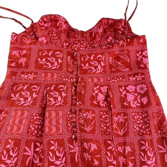 Agua Bendita Red Mambo Ipanema Escarlata Red Linen Printed Midi Summer Dress, XL - Picture 10 of 16